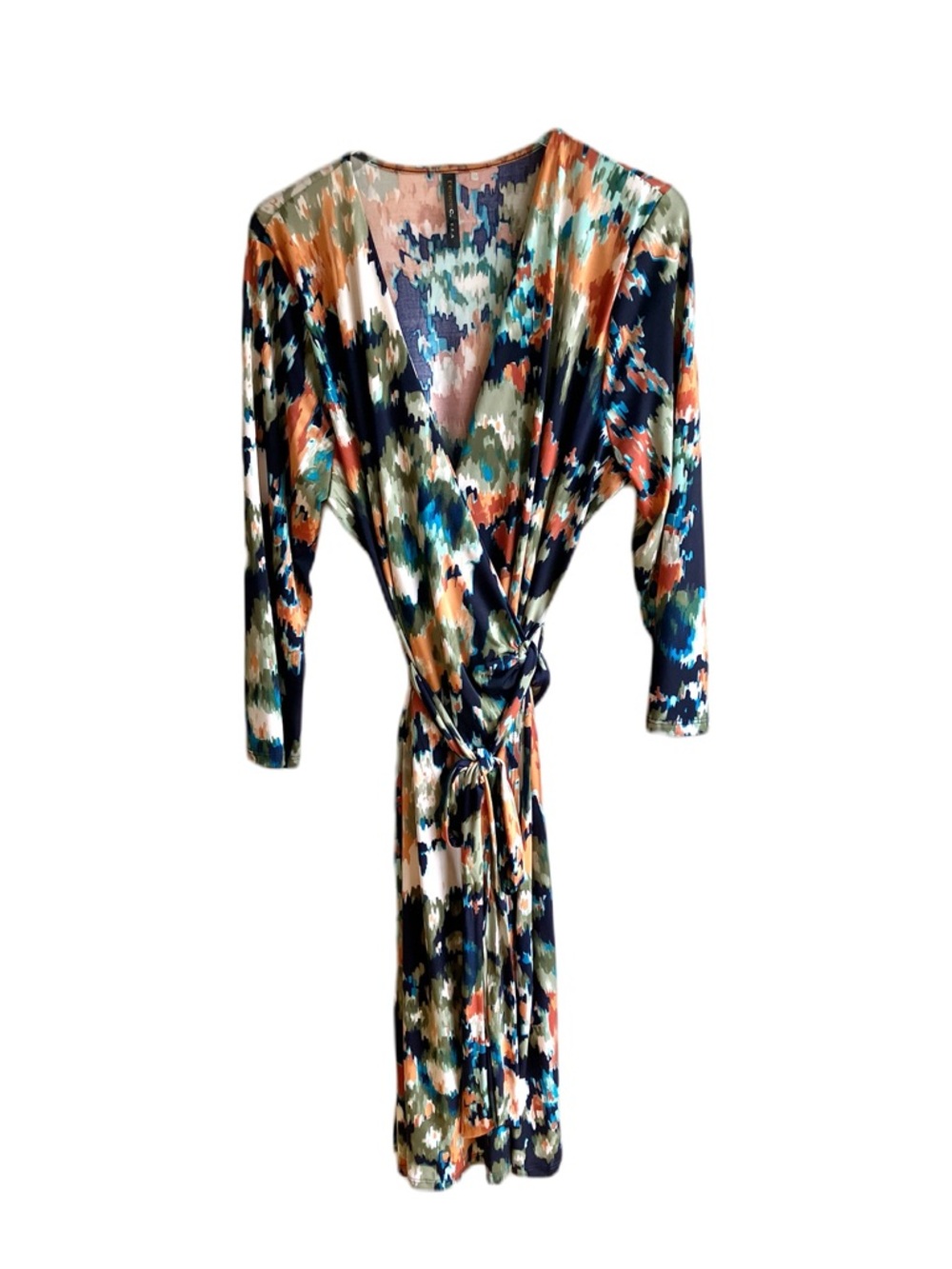 Renee C Abstract Print V-Neck Jersey Wrap Midi Dress Size 3X Floral 3/4 Sleeves - Picture 5 of 12